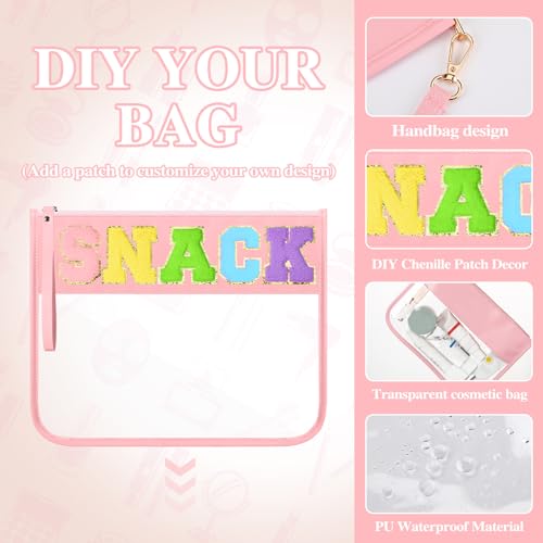 Irenare 16 Pcs Clear Makeup Bag Toiletry Flat Zipper Pouch Preppy Waterproof Clear Cosmetic PVC Pouch with Wristlet Toiletry DIY Chenille Letter Snack Bag for Women(Macaron Pink)4