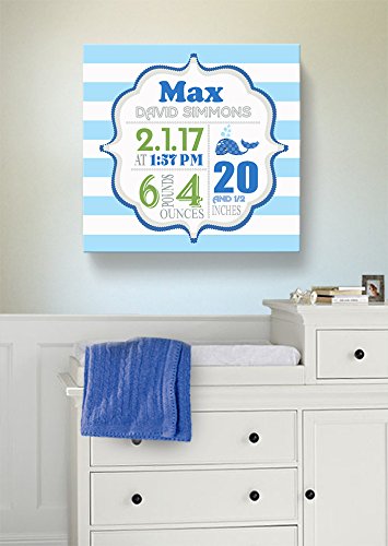 Personalized Stretched Canvas, Striped Nautical Birth Announcement, Custom Baby Name, Date, Weight Stats, Whale Nursery Wall Decor, Wooden Frame Construction, Ready to Hang 24X24