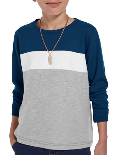Haloumoning Boys Long Sleeve Shirts Kids Fashion Fall Tops Crewneck Color Block Tees 5-14Y Navy