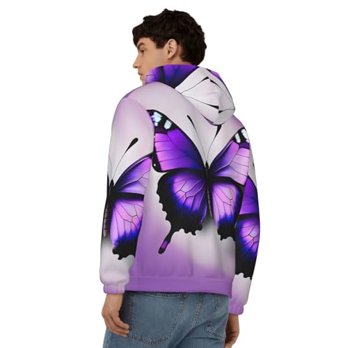Pull à capuche homme violet imprimé papillon avec fermeture éclair et cordon