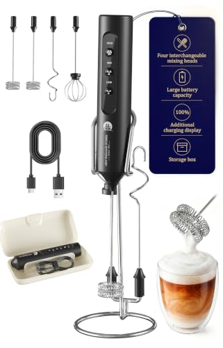 Image of Rechargeable Milk Frother with Stand, 4 Interchangeable Whisks & Travel Case - Handheld Mixer for Lattes, Matcha, Hot Chocolate, Eggs & Protein Shakes