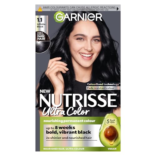 Garnier Nutrisse Ultra Color, Tinte permanente para el cabello, color intenso, para todo tipo de cabello, negro infinito 1.10
