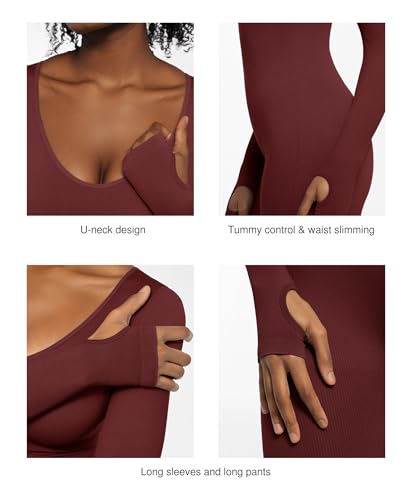 Popilush Long Sleeve Jumpsuit for Women Built-in Bra Ribbed U Neck Red XL - image 2