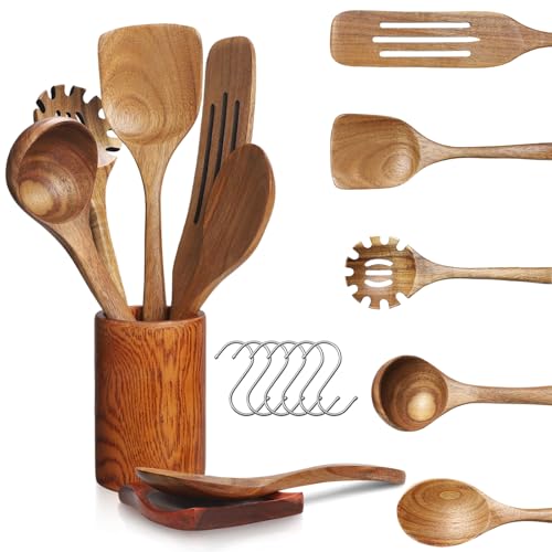 13-teiliges Holz Kochbesteck Set Holz-Kochutensilien Küchenhelfer Set Kochlöffel aus Teakholz enthält Salatlöffel,Nudellöffel,Suppenkelle,Pfannenwender,Sieblöffel,mit Löffelablage,Halter und Haken