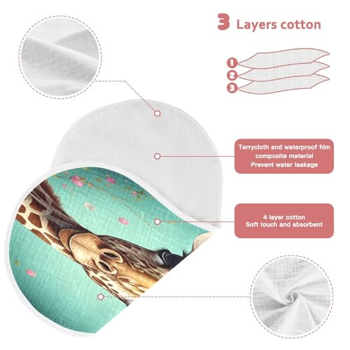 J JOYSAY Floral Giraffe Teal Baby Burp Cloths for Boys Girls Large 22''x11'' Cotton 4 Layer Burp Rags for Infant Baby one sizex13