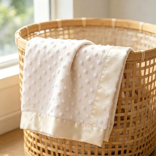 Image of American Baby Company Heavenly Soft Chenille Receiving Blanket (30 inch x 40 inch), 2-Layer Design with Minky Dot & Silky Satin, Cream, for Boys and Girls