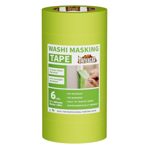 Image of TAPEBEAR Advanced Painters Tape, 21-Days Clean Removal Green Washi Masking Tape 1.5 inch x 60Yards, Medium Adhesion, Indoor Outdoor Multi-Surface Painting with Sharp Lines for Car /Wall Painting, 6Roll