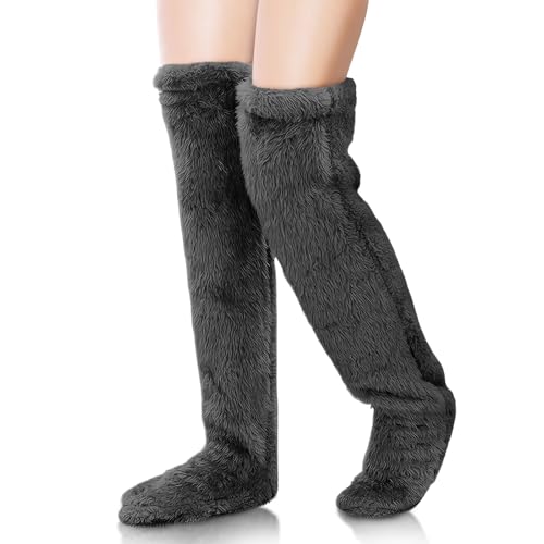 YUWJOOWEE Knee High Fuzzy Socks, Women's Unisex Adults Knee High Slippers, 1 Count Dark Grey, Size 26