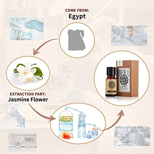 Akarz Jasmine Essential Oil Natural Organic Pure Premium Therapeutic Jasmine Oils For Skin Body Hair Care, Diffuser, Candle,Soap,Making, Diy,Massage Aroma 0.34 Fl Oz (10Ml) #TOP1