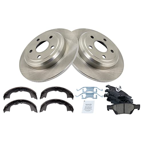Image of TRQ Rear Brake Pad and Rotor Set Ceramic Solid Rotors Parking Shoe Compatible with 2011-2019 Dodge Durango Jeep Grand Cherokee