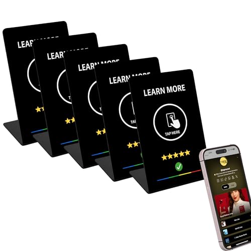 5 Pack Learn More NFC Menu Sign – Touchless Smart Display Hub for Business | Tap for Social Media, Google Reviews, Payments, Booking, WiFi, Website | Unlimited URL Programming