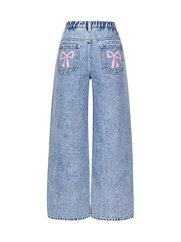 SOLY HUX Girl's Baggy Jeans Y2k Cute Bow Print Elastic Waist Wide Leg Denim Pants Streetwear Medium...
