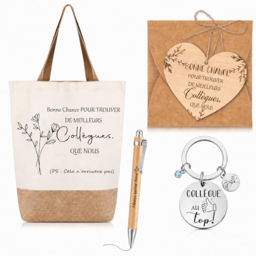 Xuniea 6 Pièces Set Cadeaux Départ Collègue de Travail Sac de Courses Sac Cabas en Coton Lin Cadeau Merci Adieu Retraite Noël Carte de Bois Forme Coeur...