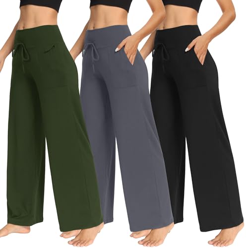 Image of TNNZEET 3 Pack Women's Wide Leg Pants with Pockets - Casual Loose Yoga Trouser Pants Sweatpants Palazzo Lounge Pajama Pants