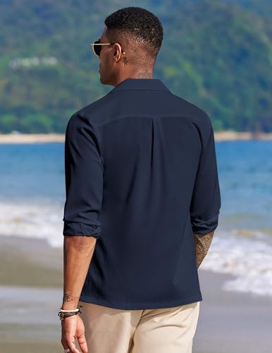 Image of DEELMO Mens Casual Button Down Shirt Summer Beach Shirts Long Sleeve Cuban Collared Tropical Textured Shirts