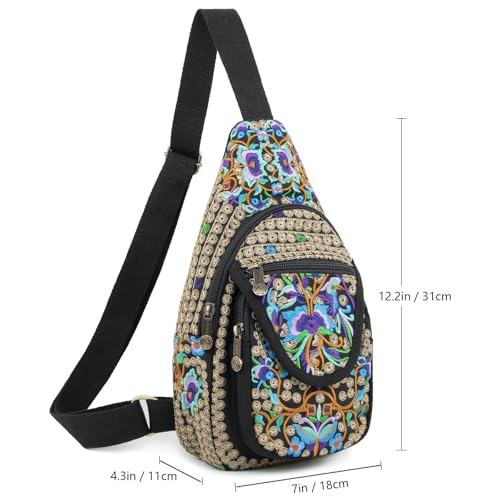 Image of SILKAREA Vintage Embroidered Bohemian Small Sling Bag for Women Crossbody Rope Sling Backpack Purse Shoulder Bag