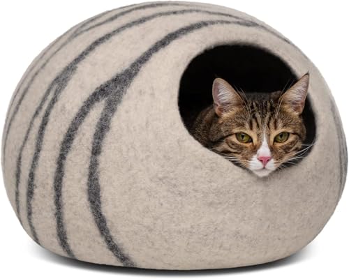 MEOWFIA Cat Cave – Premium Felt Cat Bed for Indoor Cats, Handmade 100% Merino Wool, Cat (Light Grey, Large)