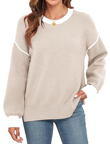 Image of WEACZZY Sweaters for Women 2025 Fall Crew Neck Long Sleeve Color Block Oversized Sweaters Ribbed Knit Side Slit Pullover Tops Apricot L