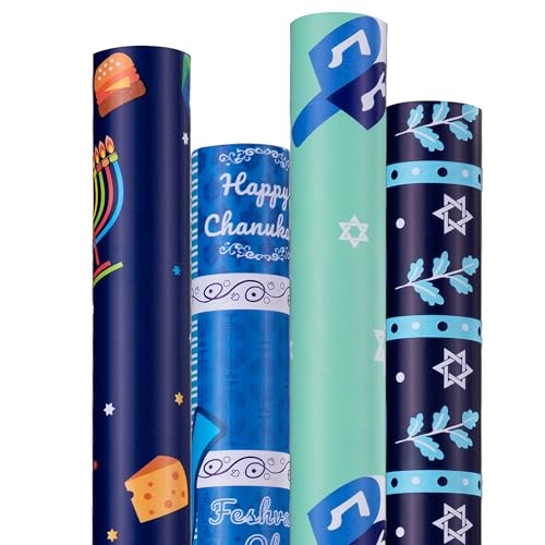 Hanukkah Wrapping Paper (4 Rolls 93 sq. ft. ttl) Menorahs Dreidels Stripe and Star of David Design for Holiday Gift Wrap - Traditional Hanukkah Elements Collection - 17 Inches x 16.5 Feet Per Roll