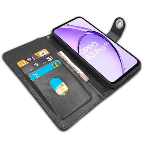 Image of Pikkme Flip Cover Leather Finish | Inside TPU with Card Pockets | Wallet Stand and Shock Proof | Complete Protection Button Flip Case for Oppo A3 Pro 5G (Black)