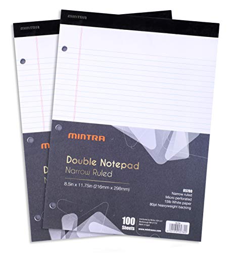 Mintra Office Legal Pads - ((DOUBLE PAD 2PK, WHITE, 8.5in x 11in, NARROW RULED)) - 100 Sheets per Notepad, Micro perforated Writing Pad, Notebook Paper for School, College, Office, Professional