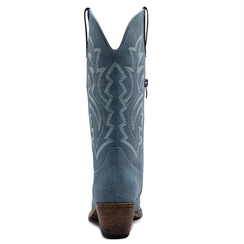 Image of GLOBALWIN Women's Mid Calf Western Cowboy Boots Cowgirl Boots for Women with Floral Embroidery Side Zipper Chunky Heel