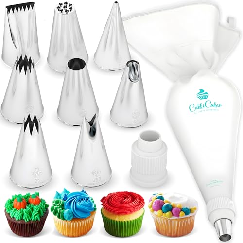 CukkiCakes Kit de Repostería Profesional (10pcs): Manga Pastelera Reutilizable + 8 Boquillas (2, 32, 21, 12, 81, 352, 133, 48) + Acoplador. Para Decoración de Cupcakes, Tartas - Made in Korea