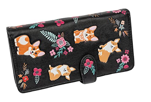 Shag Wear Women's Premium Vegan Clutch Cardholder Wallet Zipper Purse with Pretty Corgi Pattern, Black4