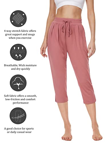 Sicvek Womens Capris Pants Straight Leg Cropped Yoga Pants Petite Casual Lounge Pull On Capri Leggings For Summer(Cameo,L) #TOP1