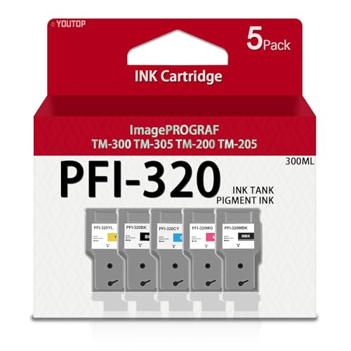 YOUTOP PFI-320 PFI320 Ink Tank (300ml -5 Pack) PFI-320MBK PFI-320C PFI-320M PFI-320Y PFI-320BK Ink Cartridge Replacement for Canon ImagePROGRAF PFI TM-200 TM-205 TM-300 TM-305 Printer