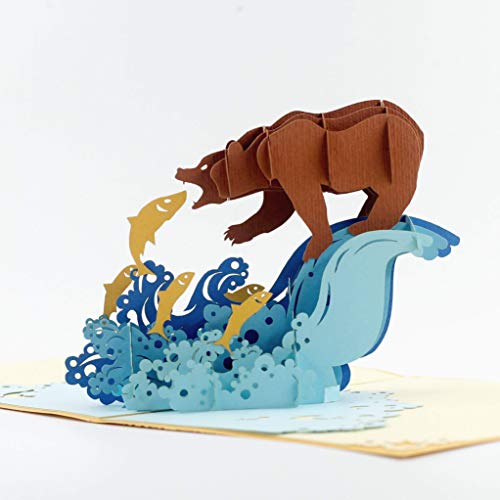 CUTE POPUP 3D Bear Catching Salmon Pop Up Card for Dad, Husband – Grizzly Bear Fishing in River – Father's Day, Birthday, Retirement, Thank You – Handmade 6x6 Inch, Envelope Included