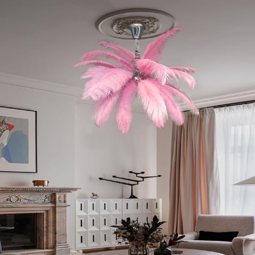 Image of Harold Electricals Modern Pink Ostrich Plumes Chandelier |Creative Feather Dulight Ceiling Pendant Light for Bedroom Living Room Dining Area Cafe Hotel Photography Prop - Bulb Included