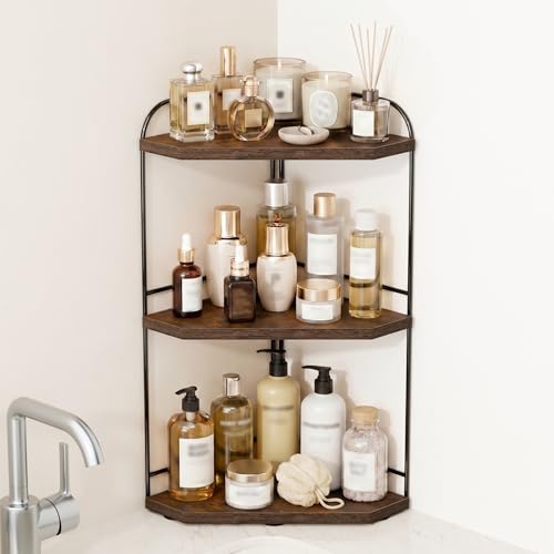 Naeqieo Corner Bathroom Counter Organizer, 3-Tier Wood Countertop Organizer