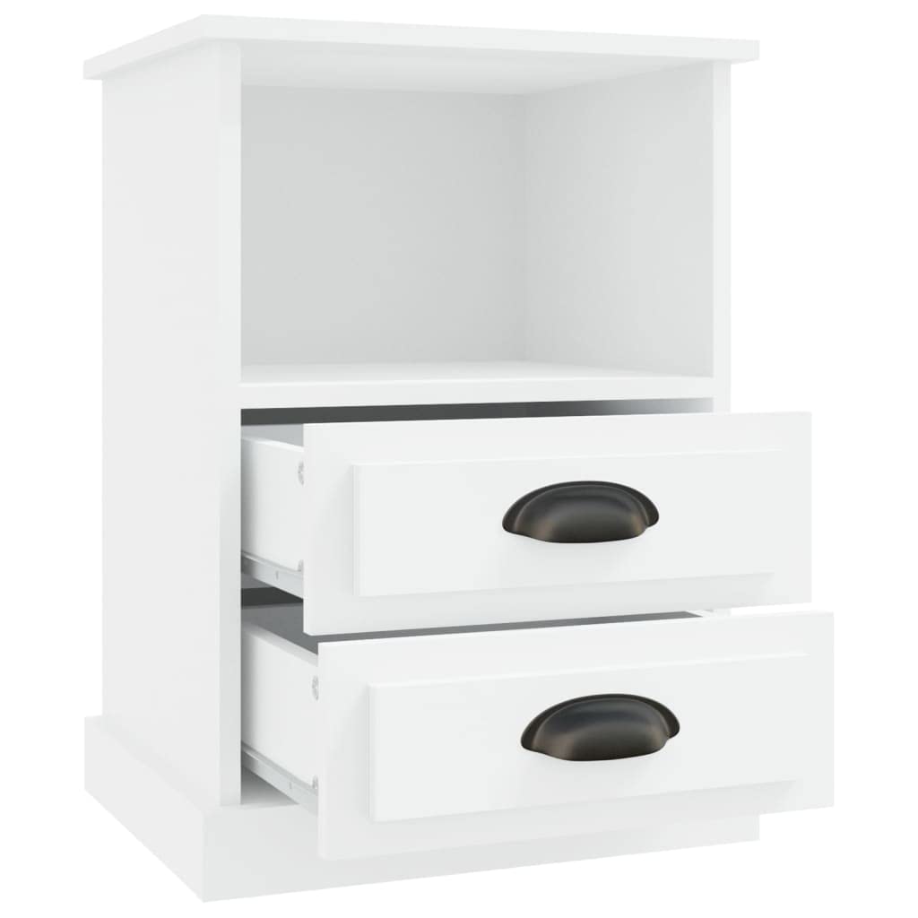 Comodino bianco in legno multistrato 43x36x60 cm con 2 cassetti e scomparto aperto, mobiletto salvaspazio per camera da letto soggiorno ufficio, design moderno e robusto