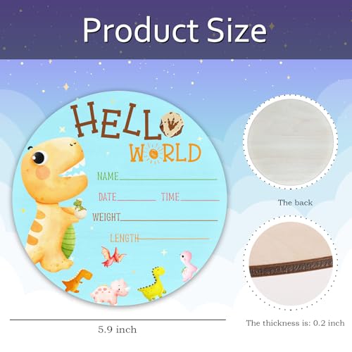 Image of Dinosaur Baby Announcement Sign, Wooden Nursery Name Decor 6in | Dinosaur Themed Wooden Name Sign for Newborn Announcement, Nursery Decor, or Baby Shower Gifts, Records Baby's Name & Stats