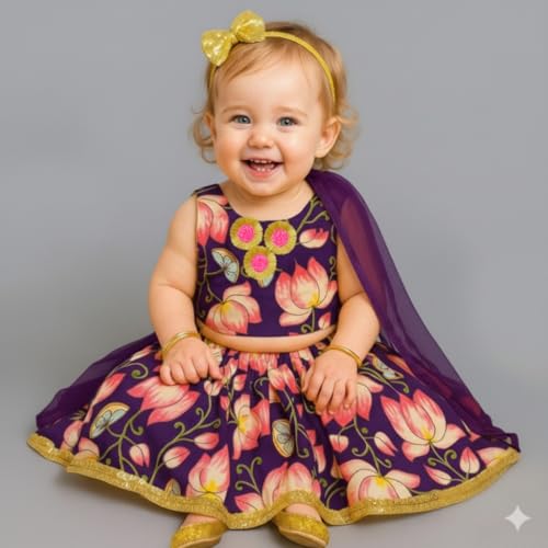 Image of A.T.U.N. (ALL THINGS UBER NICE) Baby Girls Cotton Ethnic Floral Lehenga Choli Set with Lace & Dupatta | Traditional 3-Piece Festive Outfit for Kids
