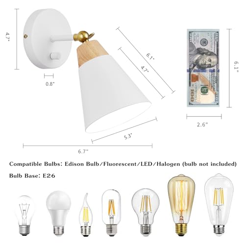 Image of Wall Sconce Set of 2, Wall Sconce Lighting Fixture with Metal Shade, Rotary Switch, Indoor Decor Wall Mount Swing Arm Lamp for Bedroom,Hallway,Living Room,Reading, White