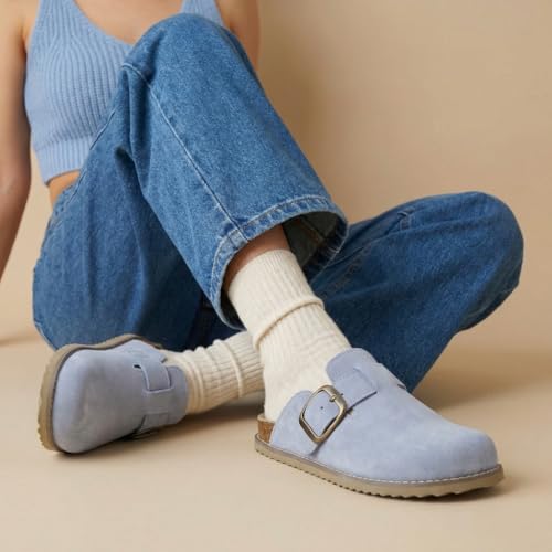 Image of CUSHIONAIRE Women's Blain Genuine Suede Slip-On Clogs with + Memory Foam & Chic Buckle Mule - Comfortable, Non-Slip, Wide Widths Available