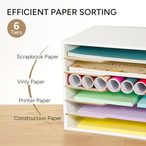 Image of Yumkfoi 12x18 Construction Paper Organizer, Larger Size Wooden Literature Organizer, 6-Tier Desktop File Organizer for Home and Classroom, Adjustable Paper Sorter for Office