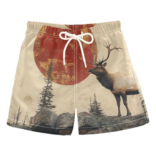 Aflyko Boys Board Shorts Elk Red Sun Fashion Youth Swim Shorts, Relaxed Fit for Beach Holidays and Pool Parties, X-Large