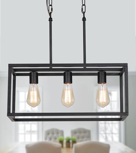 AMZASA 3-Light Black Linear Chandelier Modern Rectangle Farmhouse Dining Room Light Fixture for Kitchen Island Bar UL Listed