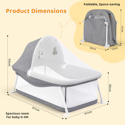 Growaystory Baby Reisebett,Geeignet für Babys von 0-5 Monaten,Portable Reisebettzelt,Klein Zusammenklappbar,Ausgestattet Moskitonetz und Spielzeug,Liegefläche 80 x 40 cm (Grau)