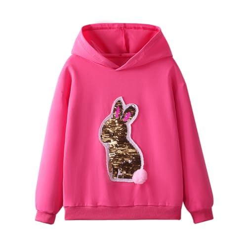 Image of WELAKEN Flip Sequin Hooded Sweatshirts for Girls Kids Long Sleeve Sparkle Rabbit Pullover Tops Hoodies Hot Pink, 10 Years