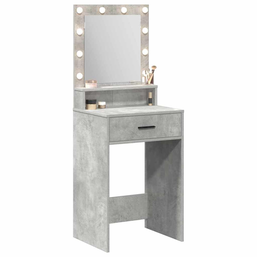 Schminktisch Beton Grau aus Holzwerkstoff mit LED Beleuchtung, Makeup Spiegel, 2 Schubladen, Stauraum und Ablage, platzsparend für Schlafzimmer und Ankleidezimmer
