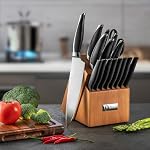 Ensemble de cuisine en bois Couteau pour cuisine avec blocs en acier inoxydable 17 Pcs et planche à découper avec Groove, poignées noires et couteau professionnel en acier inoxydable Sharp