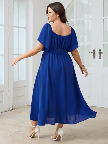 Image of SCOMCHIC Womens Plus Size Formal Dresses Off The Shoulder Wedding Guest Cocktail A-Line Split Maxi Dress with Pockets