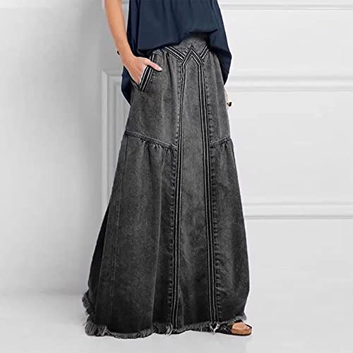 JOAU Women's Casual Elastic High Waist Plus Size Denim Long Skirt Frayed Hem A-Line Distressed Hippie Pockets Maxi Skirts2