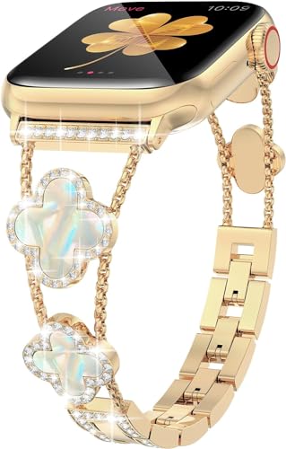 Women Bling Diamond Lucky Clover Band Compatible with Apple Watch Strap 38mm 40mm 41mm 42mm 45mm 46mm Series SE 10 9 8 7 6 5 4 3 2 1, Sparkle Diamond Bracelet Wristband, Cute Dressy iWatch Band