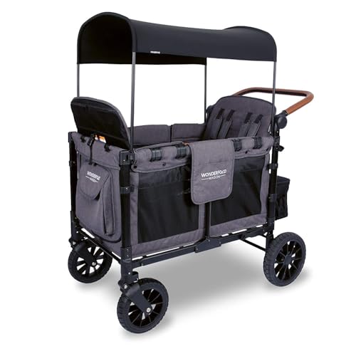 Image of WonderFold W4 Luxe Stroller Wagon - Collapsible Stroller Wagon with Steel Frame - Adjustable Canopy & Push Handle - XL All-Terrain Wheels - for Babies, Toddlers & Kids - 4 Seater - Gray