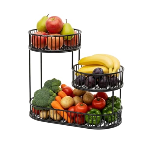 Image of 3 Tier Fruit Basket Bowl for Kitchen | Countertop Metal Wire Kitchen Storage Basket for Fruits, Vegetables and Snacks - Black
